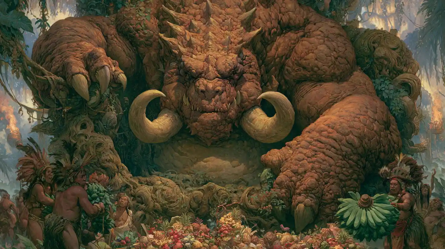 Reptilian jungle tyrant worshiped by fearful villagers