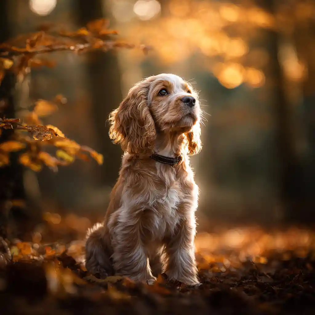 Cachorro cocker spaniel en la cálida luz del bosque otoñal