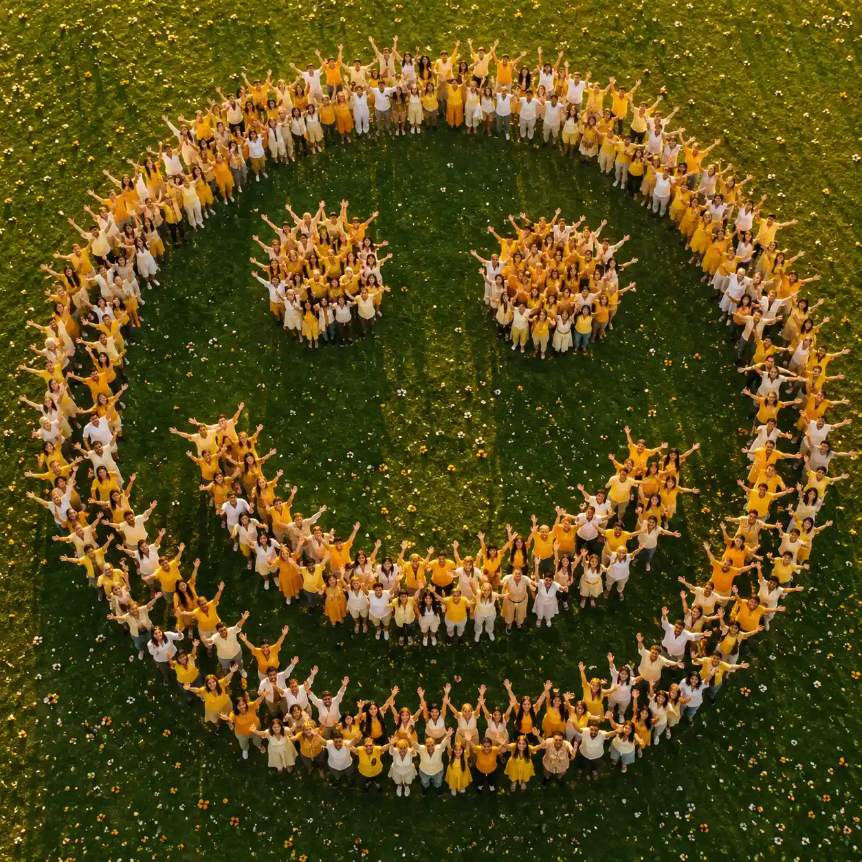 Multitud aérea formando una carita sonriente gigante en un césped verde