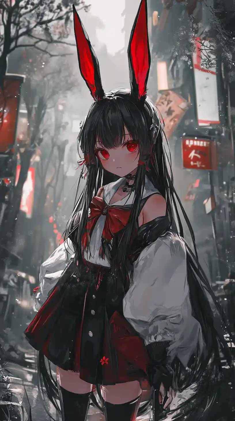 Anime girl with rabbit ears in a fantasy forest