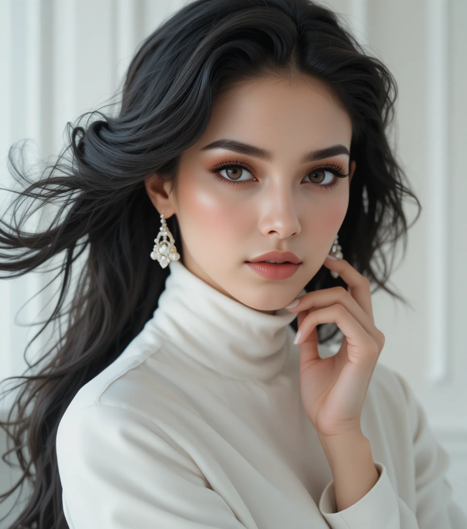 Mujer elegante y segura de sí misma con moda blanca en retrato de primer plano