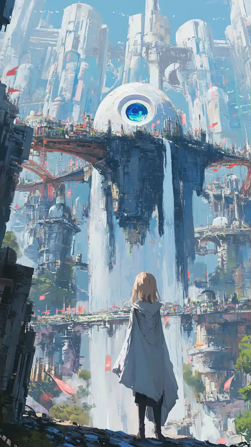 Anime girl facing a white fantasy city above a pixel valley