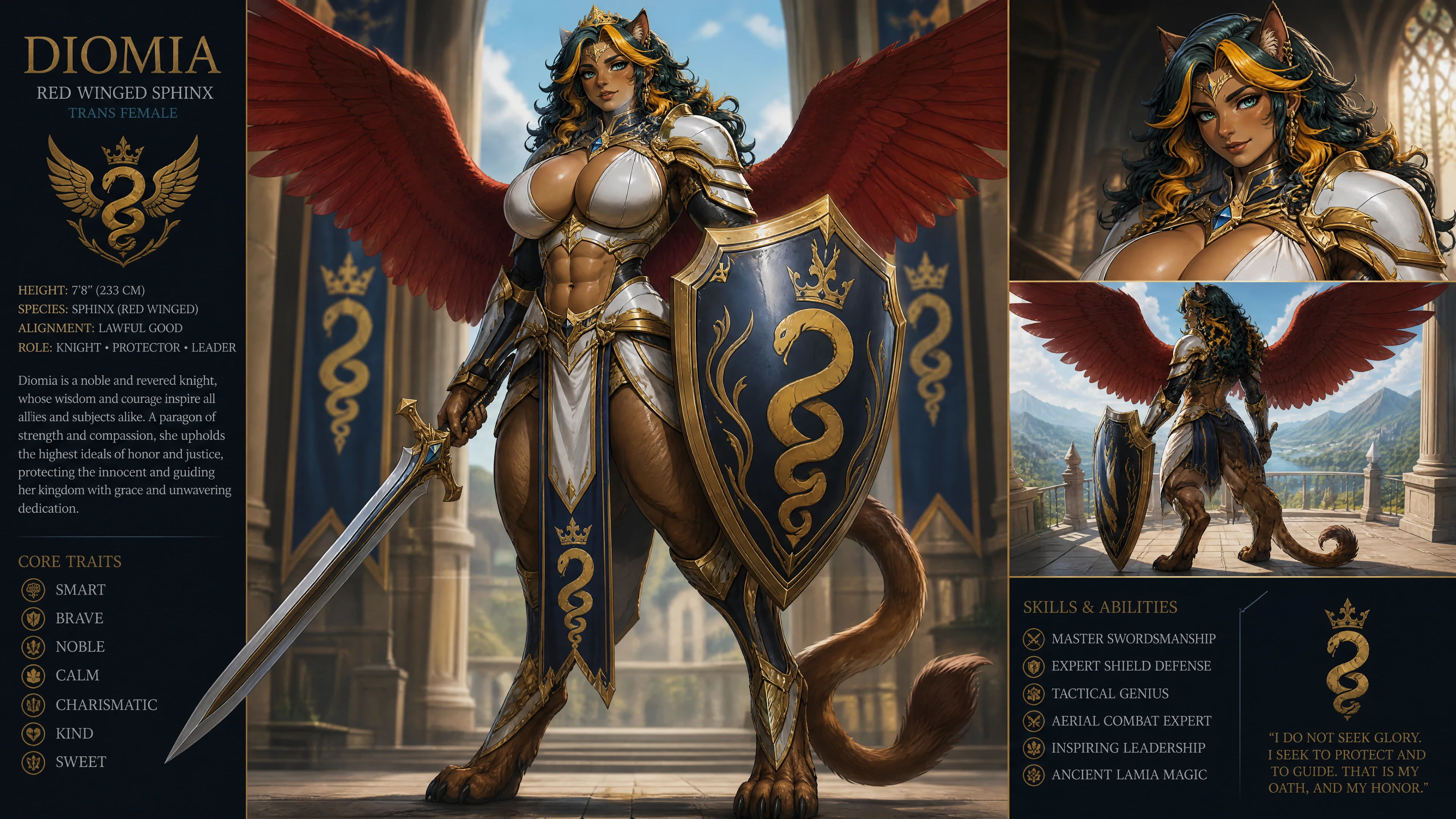 Noble winged sphinx woman in royal knight uniform
