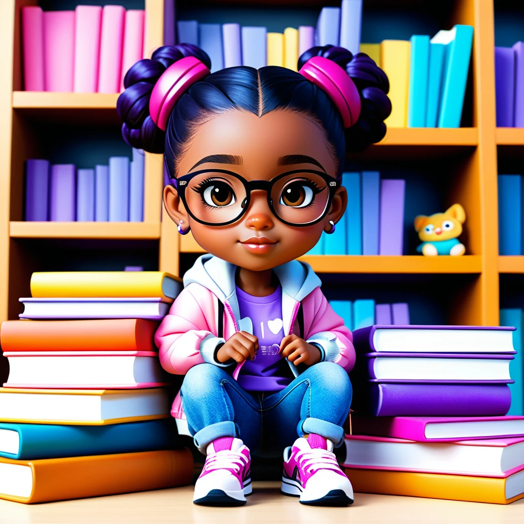 本の山のそばで読書するメガネのチビキャラ少女