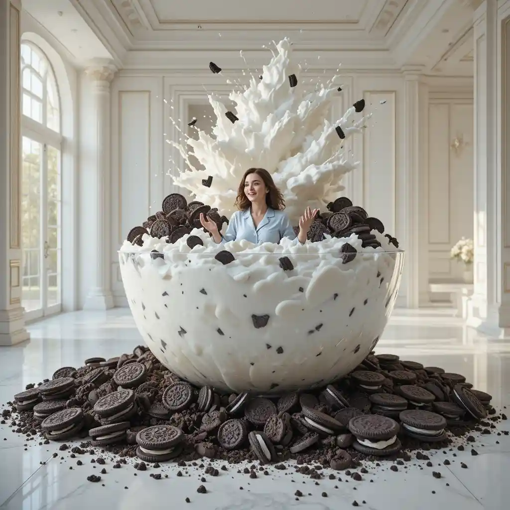 Mujer corriendo hacia un gigantesco postre de Oreo en un luminoso salón