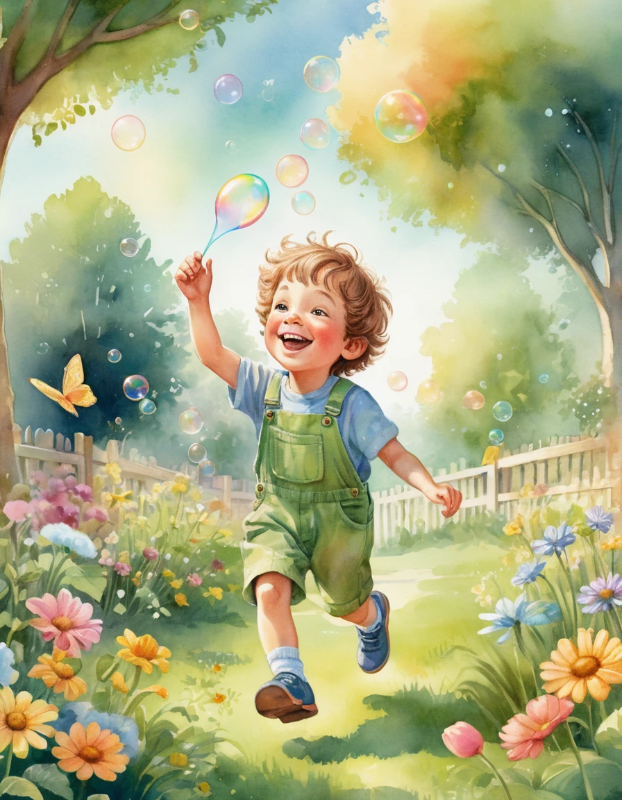 Niño pequeño soplando burbujas en un jardín soleado de acuarela
