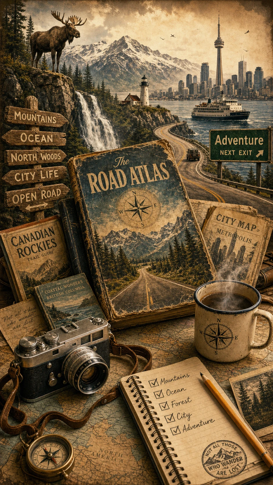 Vintage road atlas collage with camera and travel checklist