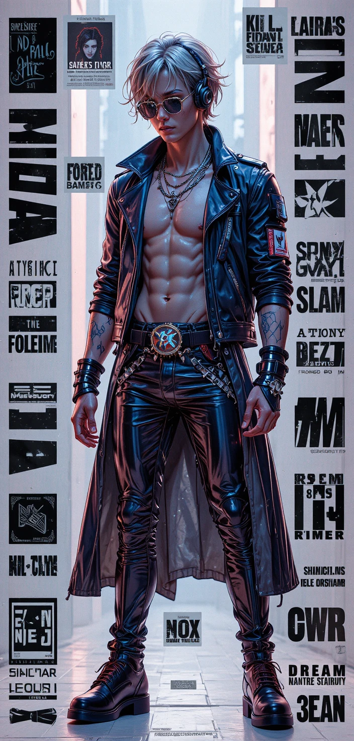 Modelo masculino gótico en póster de moda anime futurista