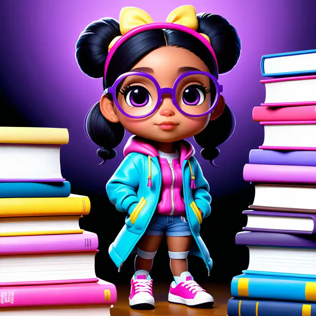 Cute chibi girl with glasses reading beside pastel books