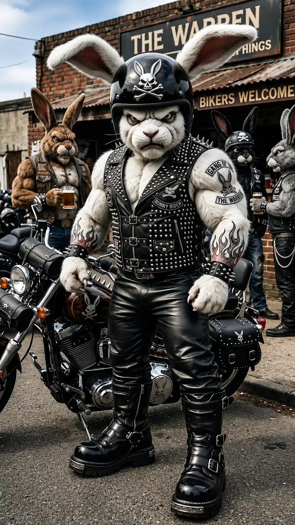 Enorme coniglio biker in lucente outfit di pelle nera