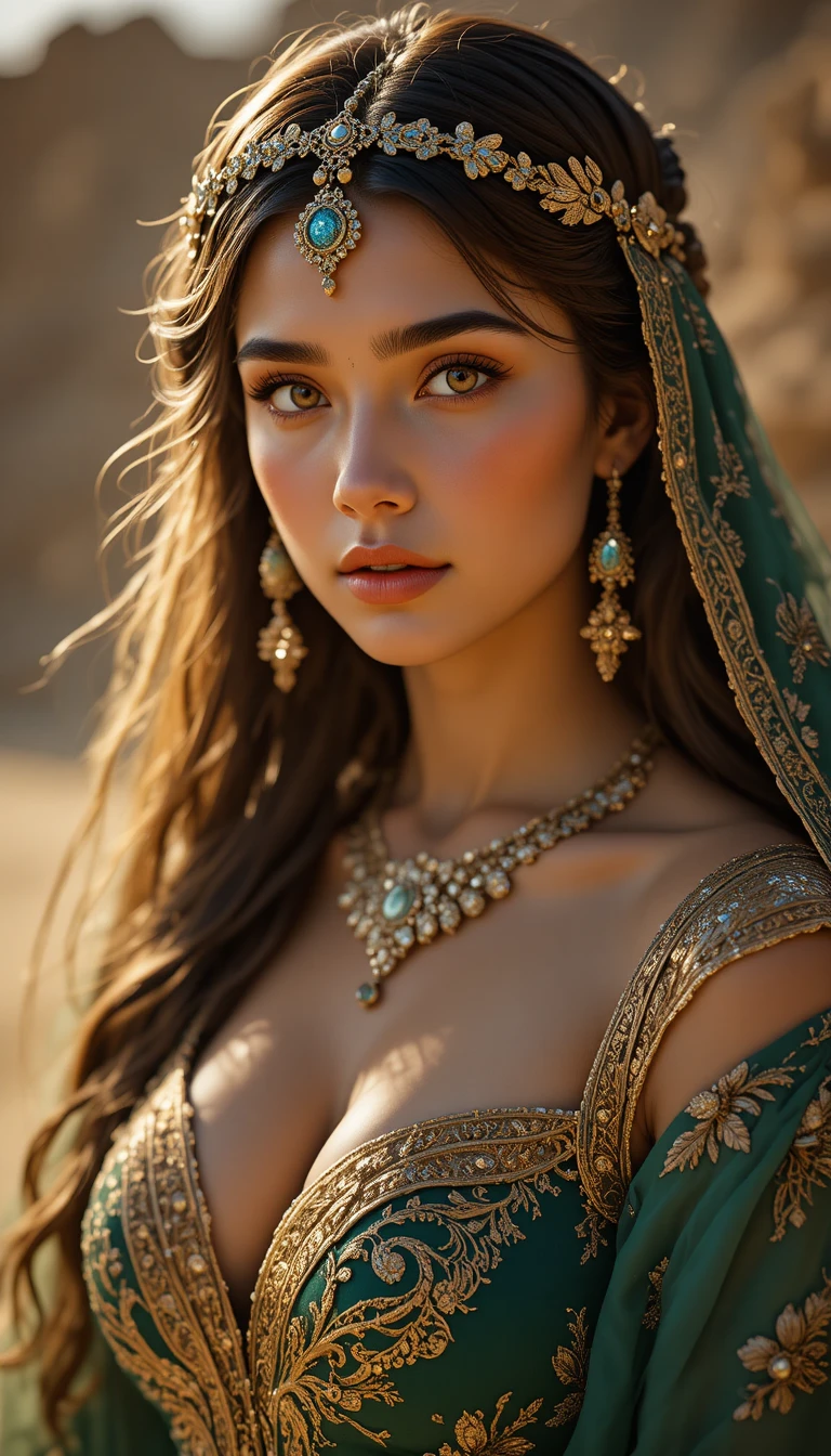 Retrato de princesa árabe con atuendo en esmeralda y oro