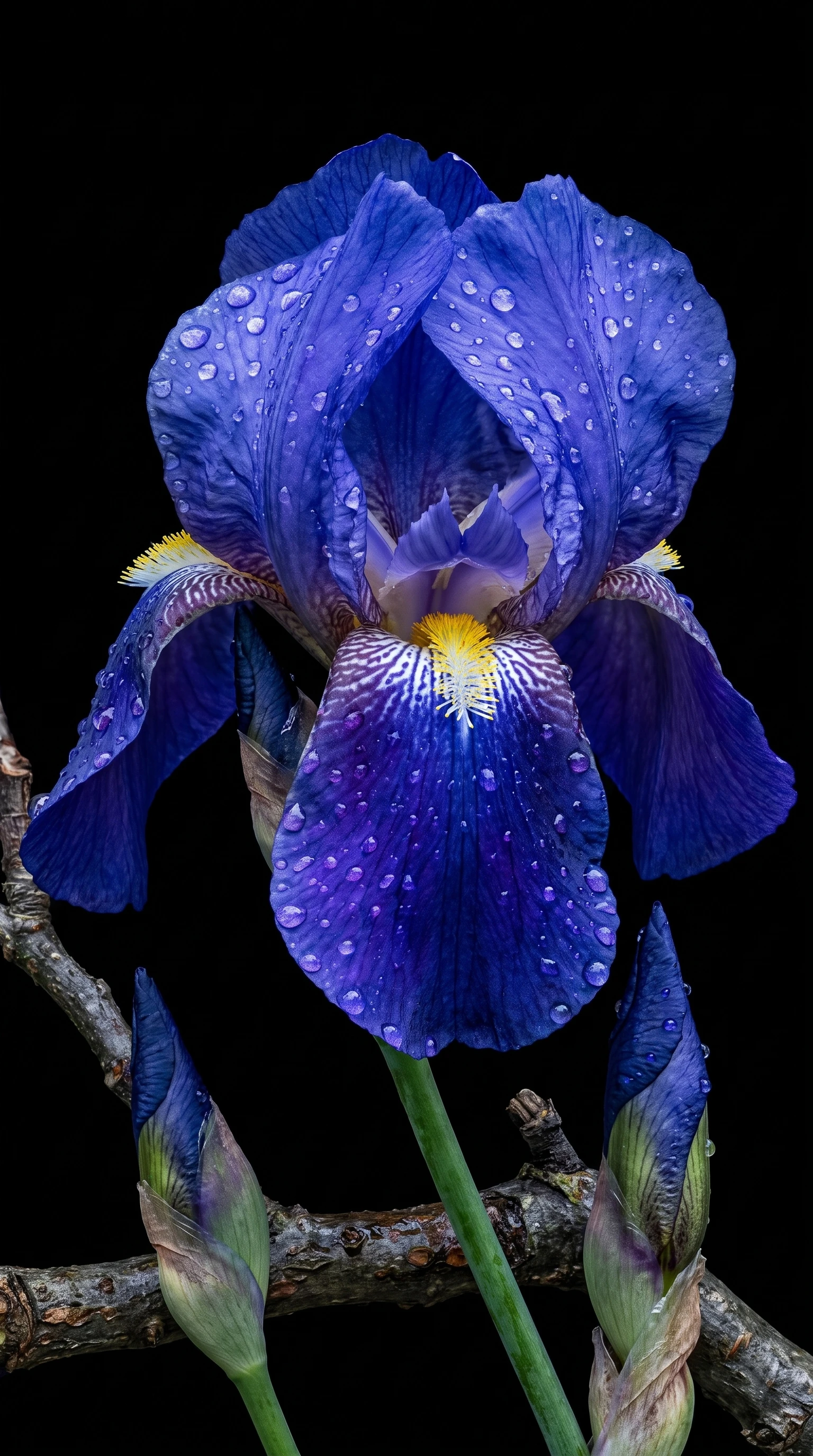 Flor delicada con brotes en una rama sobre fondo negro
