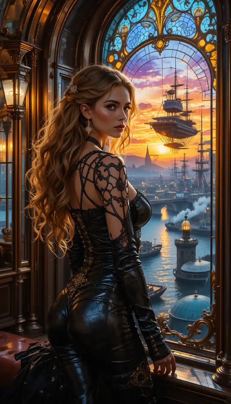 Confident steampunk woman in a radiant brass and glass room
