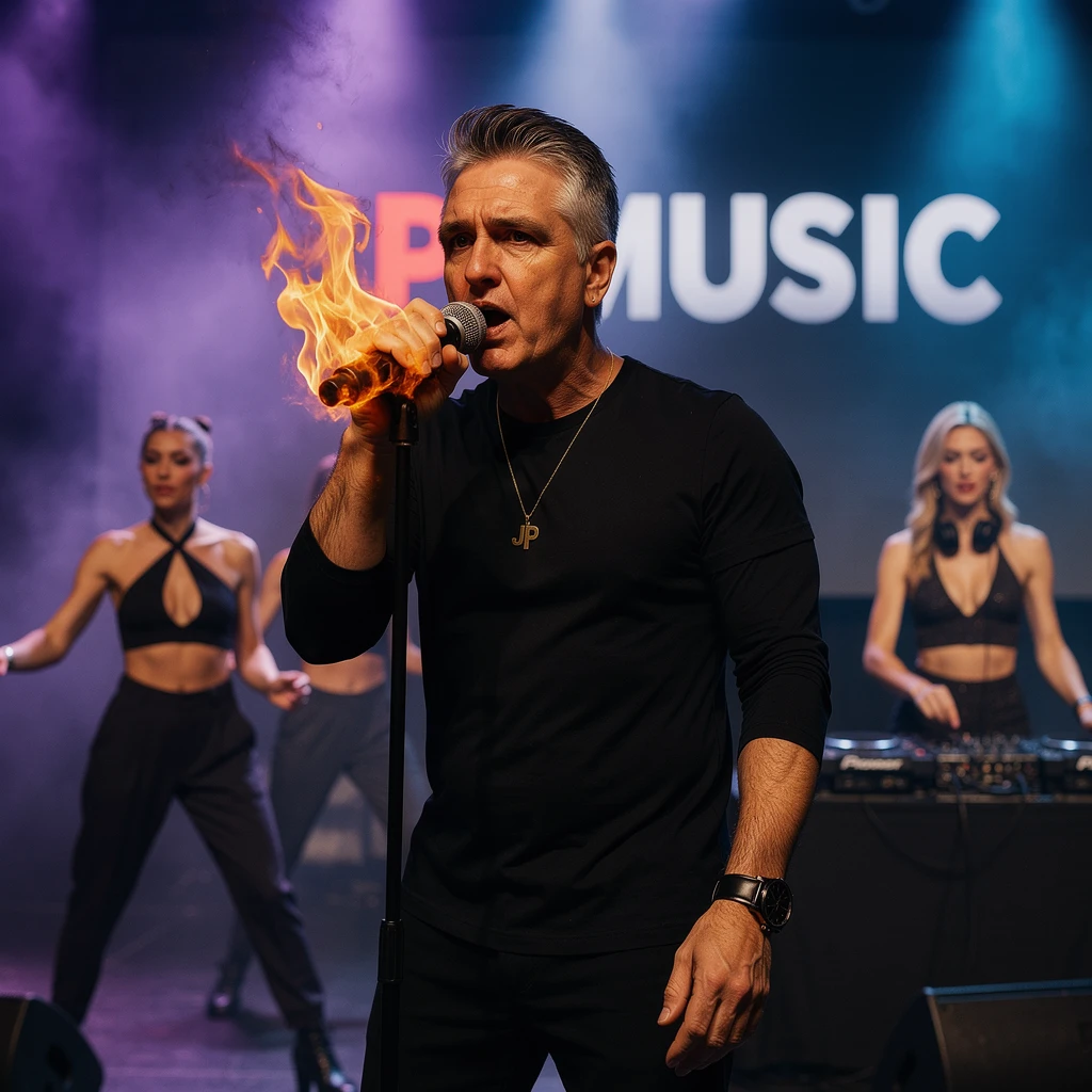 Cantante actuando con fuerza en el escenario con micrófono en llamas