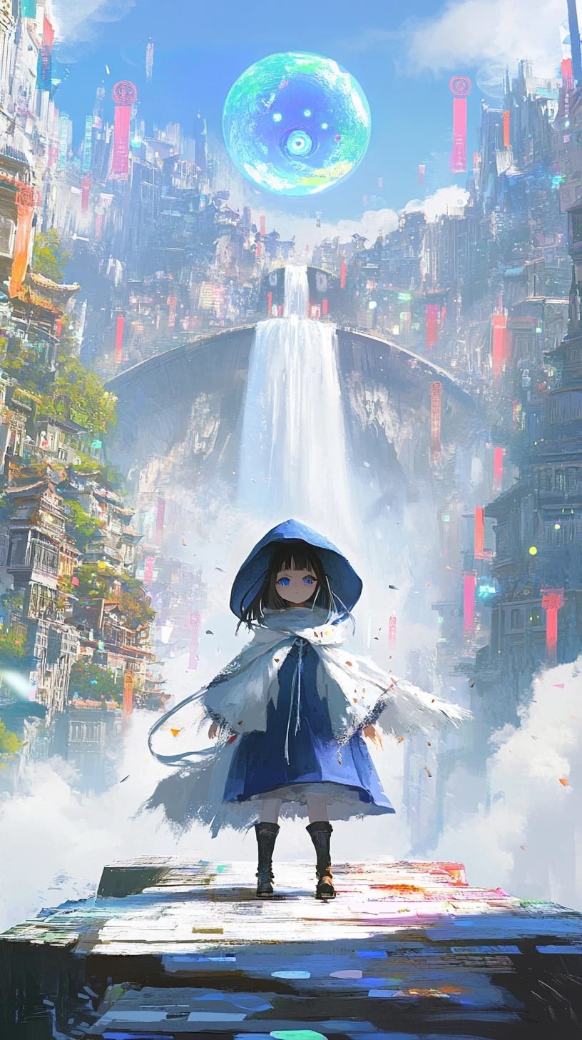 Chica anime con abrigo azul frente a ciudad fantástica pixelada