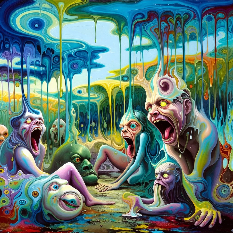 Dipinto a olio surreale di creature ibride che si dissolvono nel caos