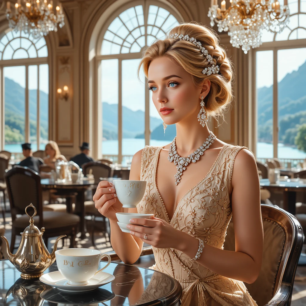 Elegante mujer rubia con vestido de encaje en un café de lujo