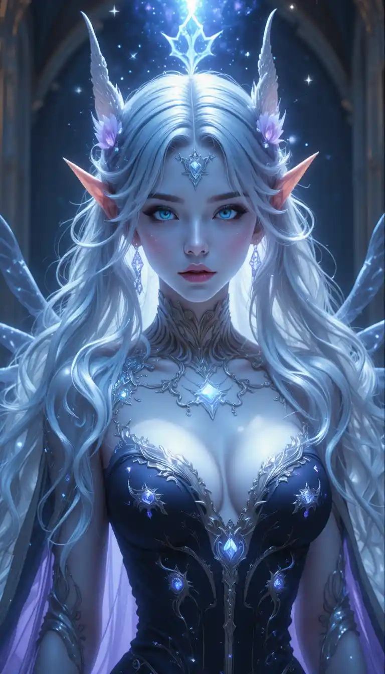 Donna fantasy in stile anime dai capelli argento con orecchie da lupo e mantello
