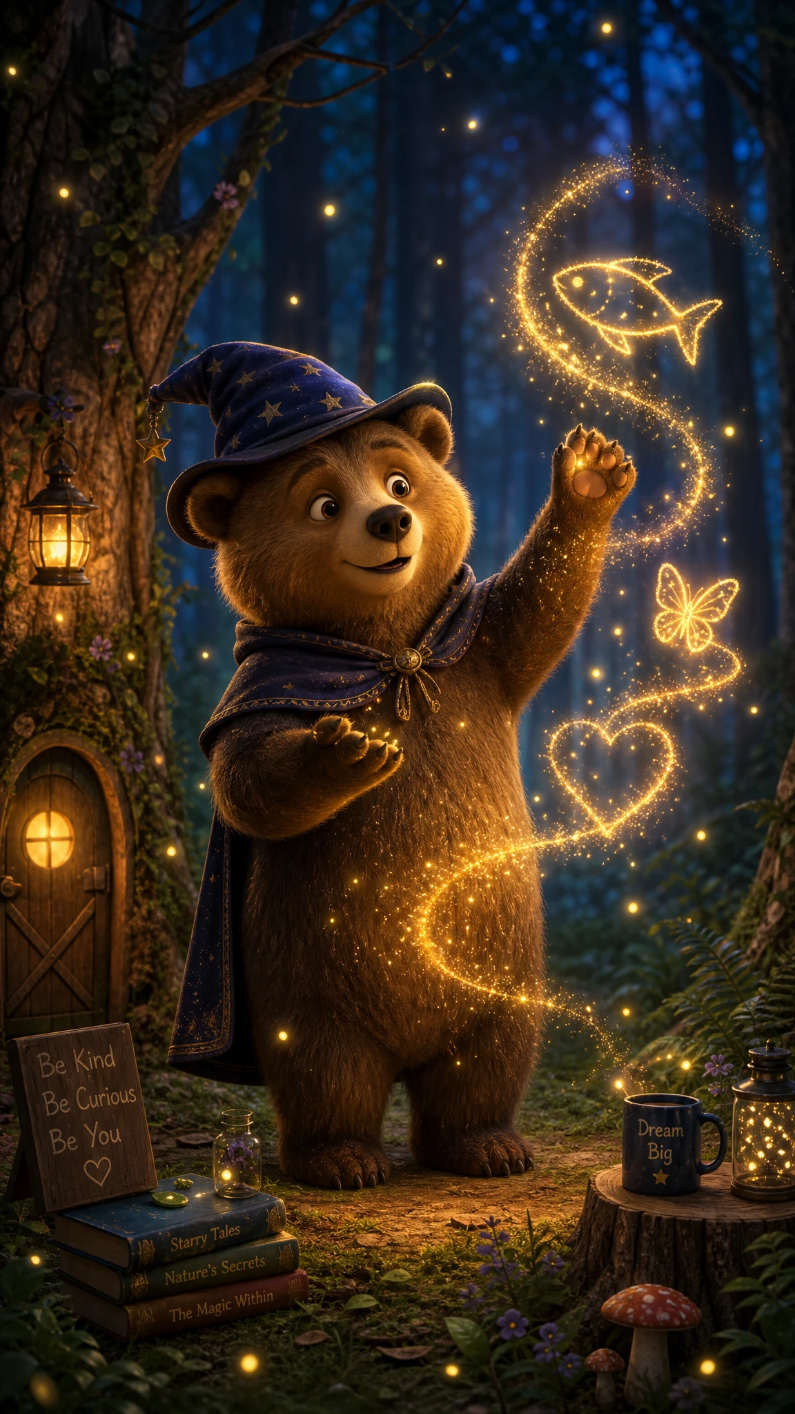 Oso fantasioso haciendo magia en un claro tranquilo del bosque