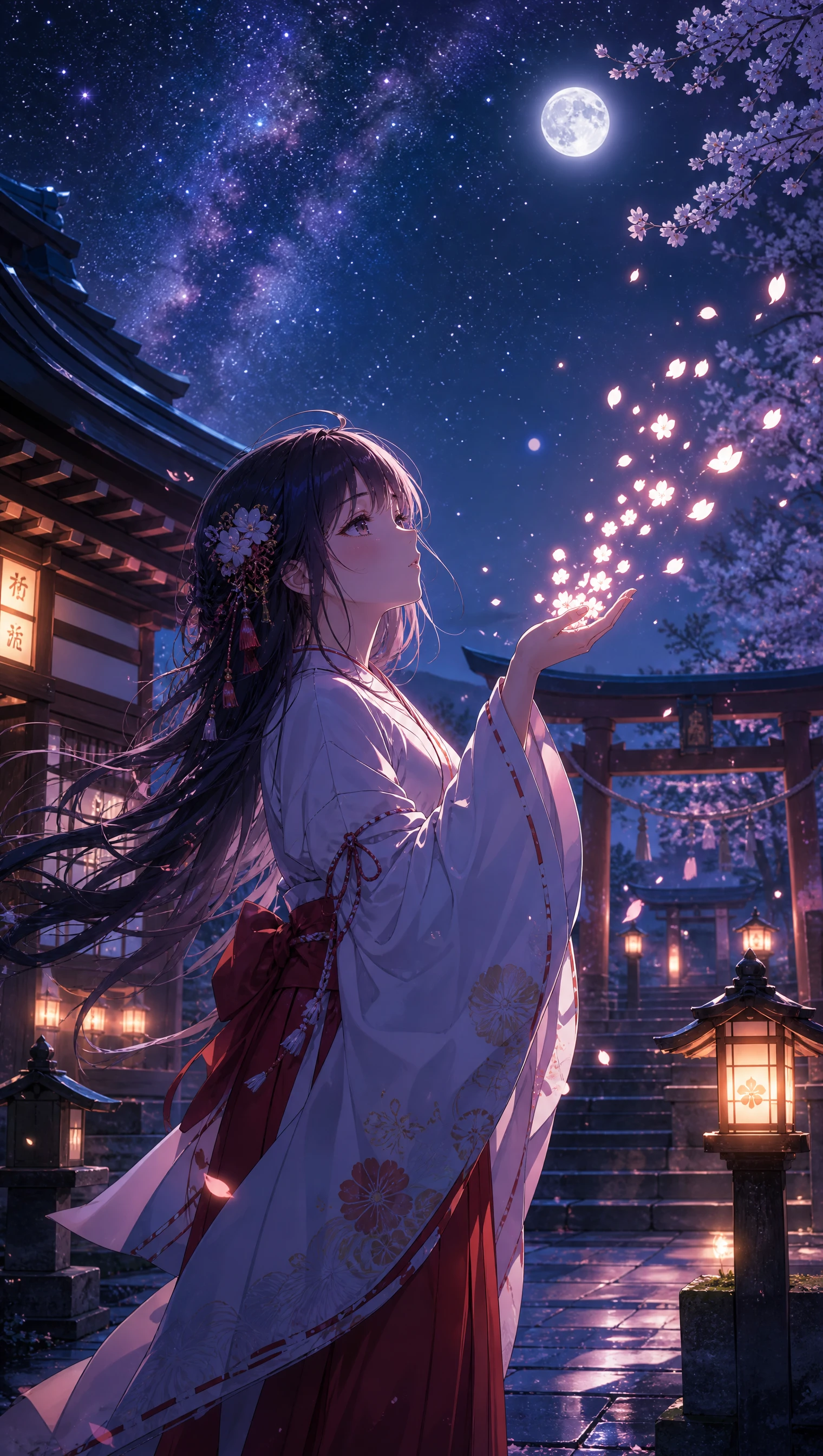 Sacerdotisa de santuario de anime con pétalos brillantes en la noche