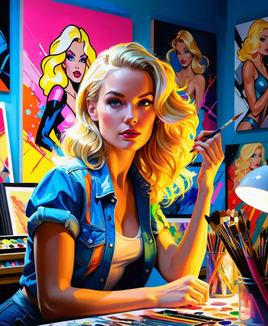 Artista rubia posando en un estudio con neón de estilo cómic