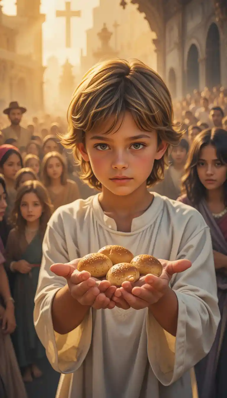 Niño ofreciendo panes y peces a la luz cálida del sol