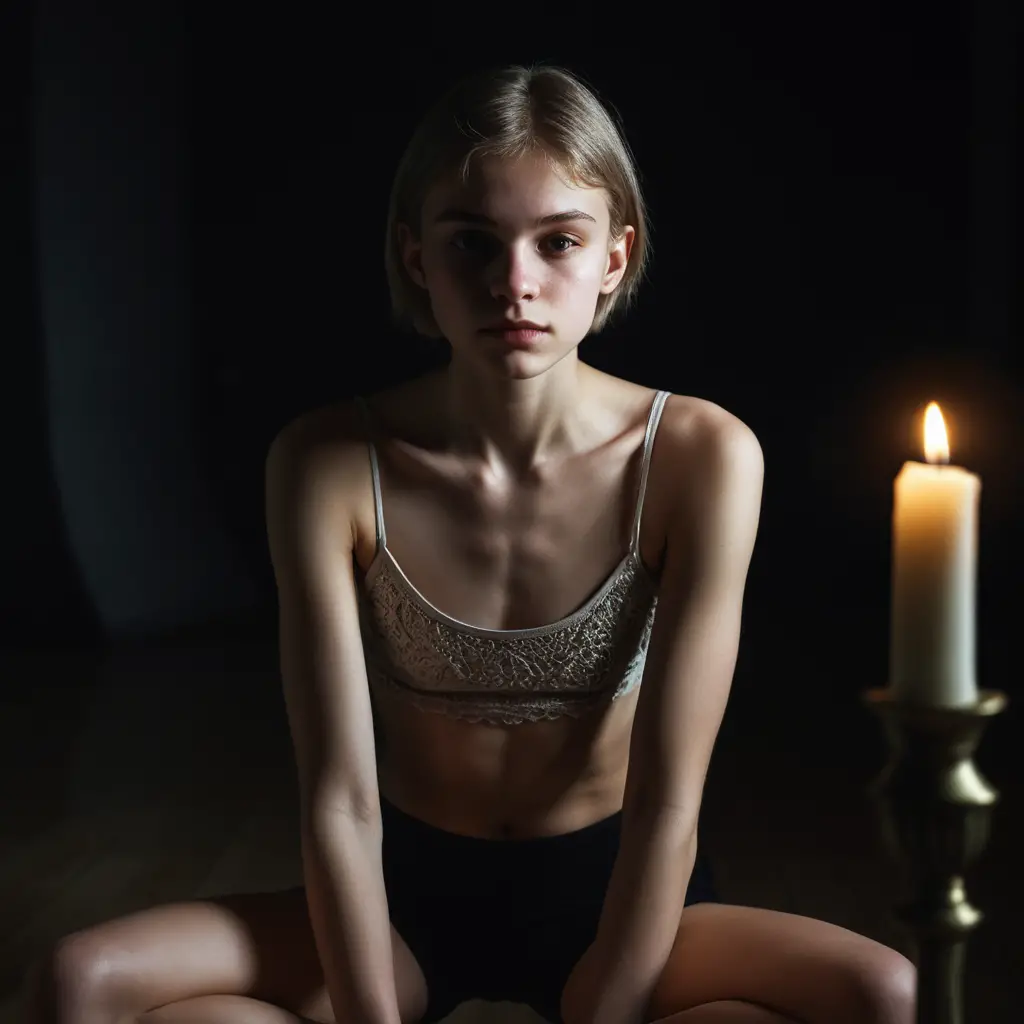 Giovane ragazza in ginocchio in uno studio buio alla pallida luce di una candela