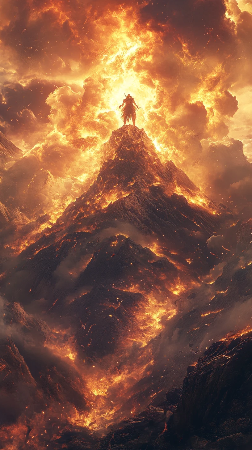 Mythical figure of fire summoning a raging storm