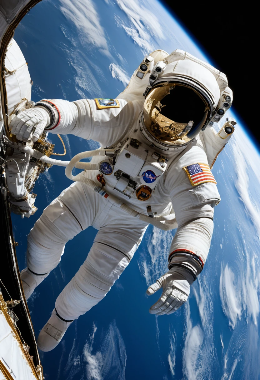 青い地球の上でスペースシャトルのそばを宇宙遊泳する宇宙飛行士