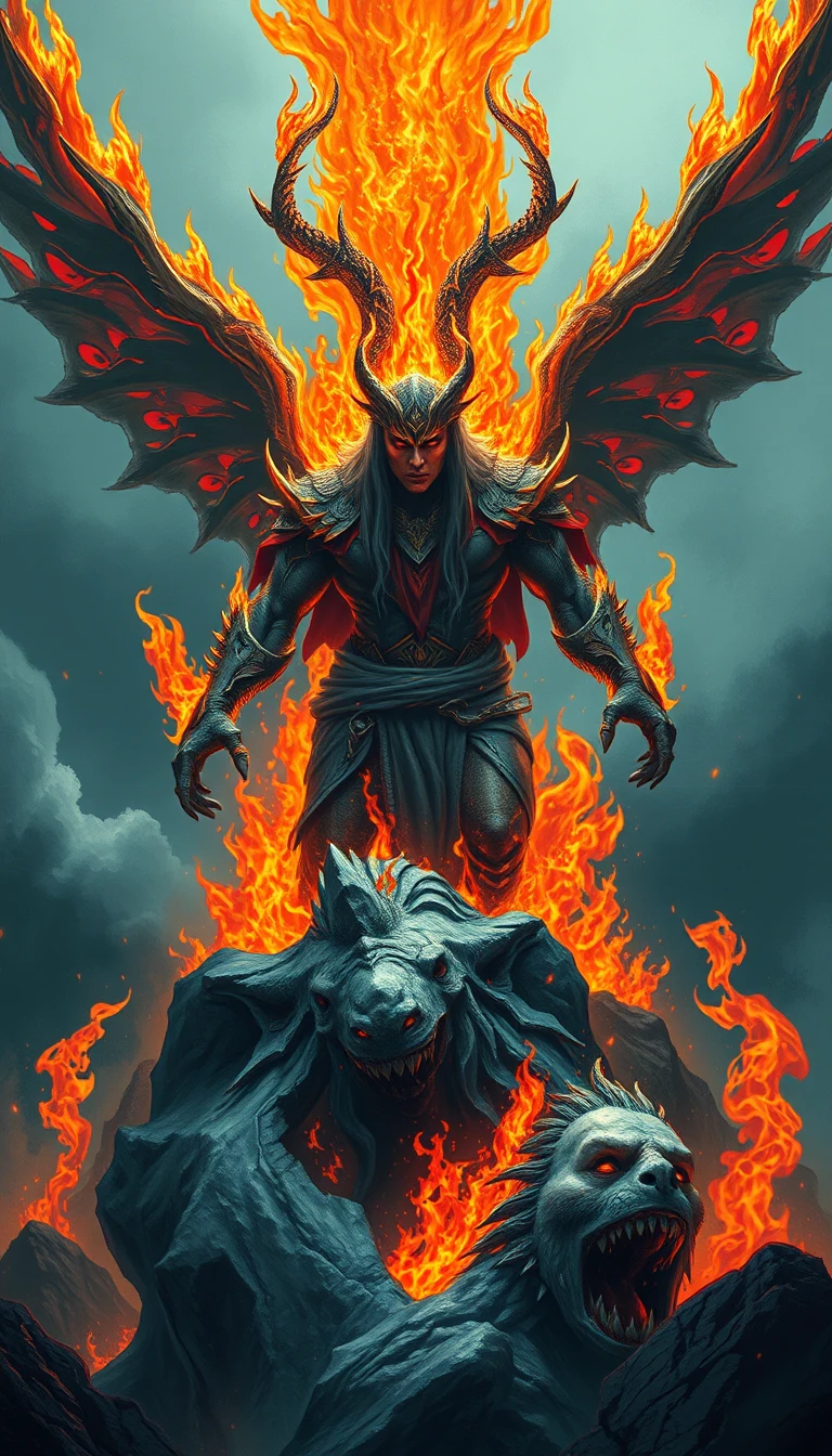 Mythological figure wreathed in fire atop a stormy mountain