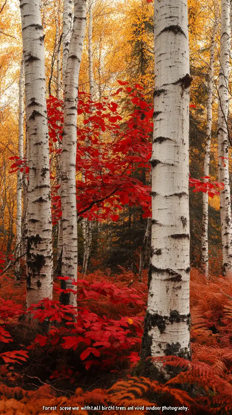 Birch forest with vivid red autumn leaves in sunlight