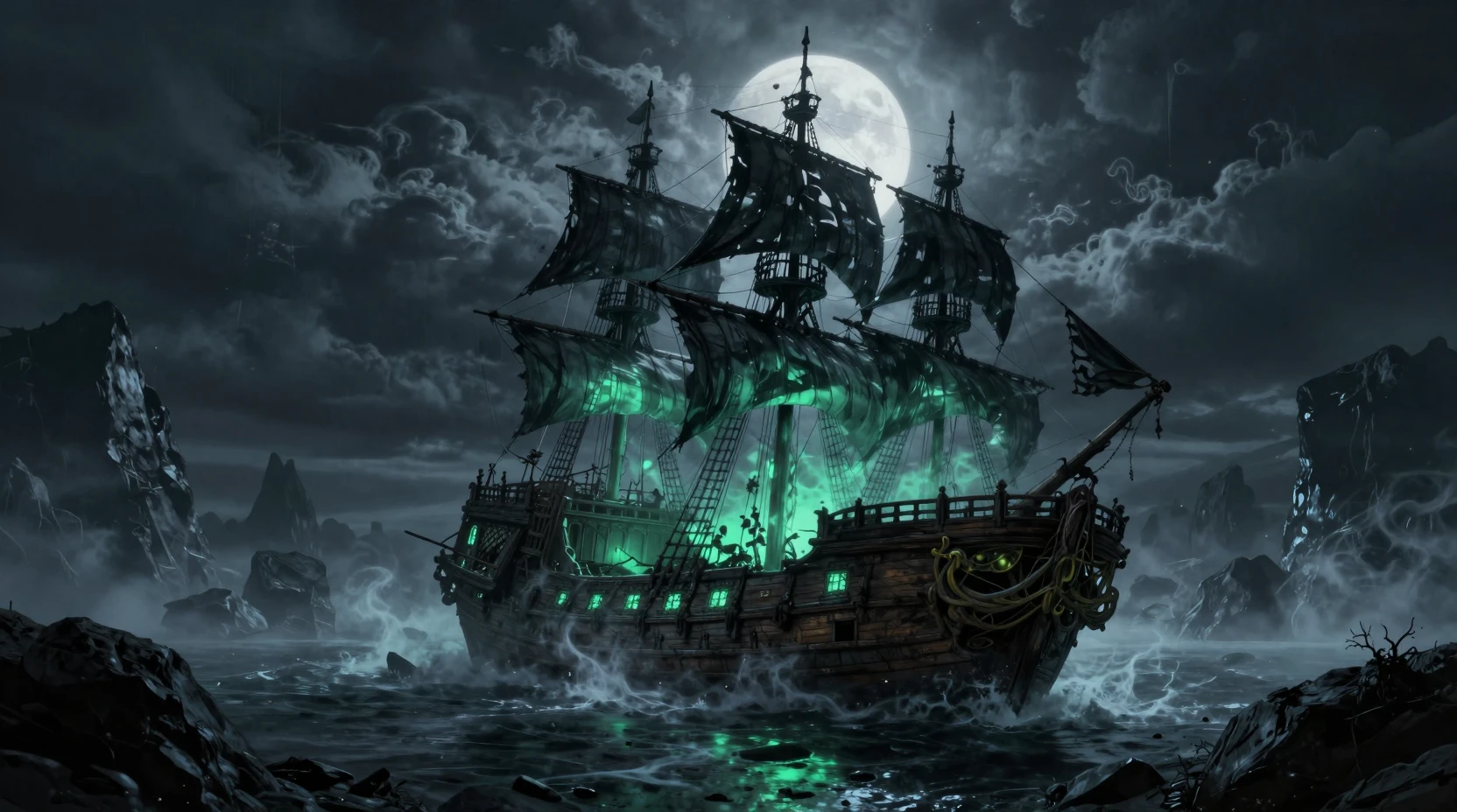 Naufragio de barco pirata fantasmal brillando en una cala tormentosa a medianoche