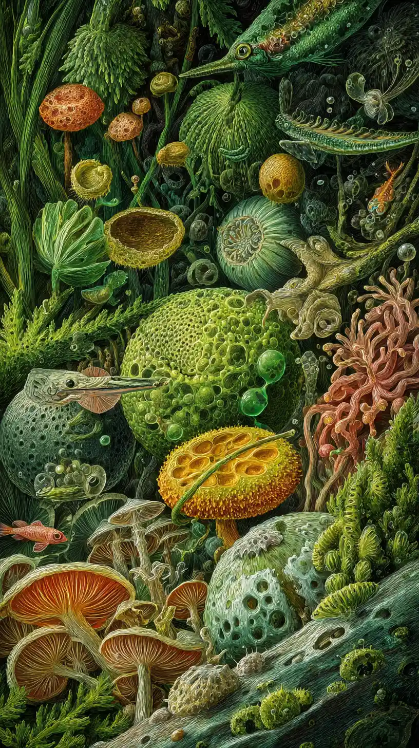 Pintura al óleo surrealista de formas de vida abstractas entrelazadas