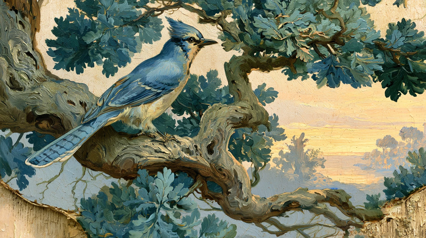 Arrendajo azul en una vieja rama de roble en pintura al óleo vintage