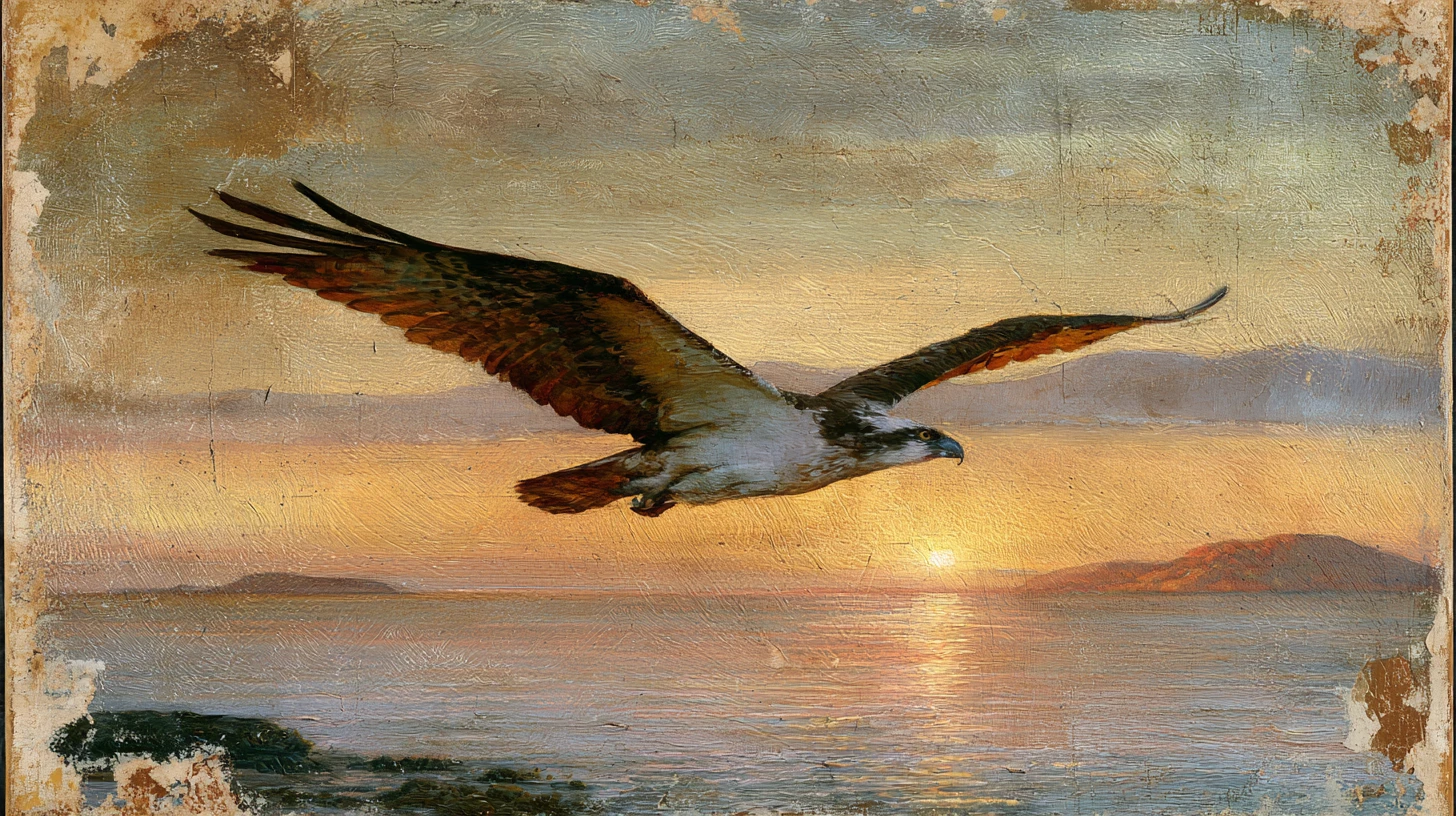 Osprey Soaring Above Ocean In Glowing Sunset Sky