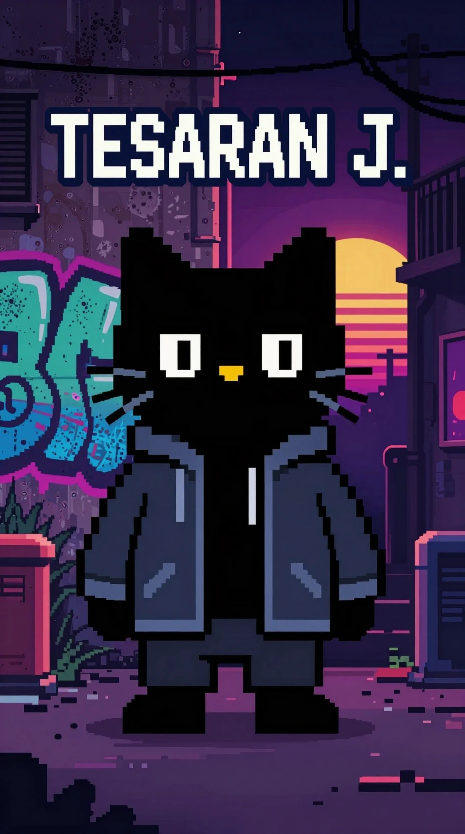 Gato Negro Antropomórfico en un Callejón de Neón en Pixel Art