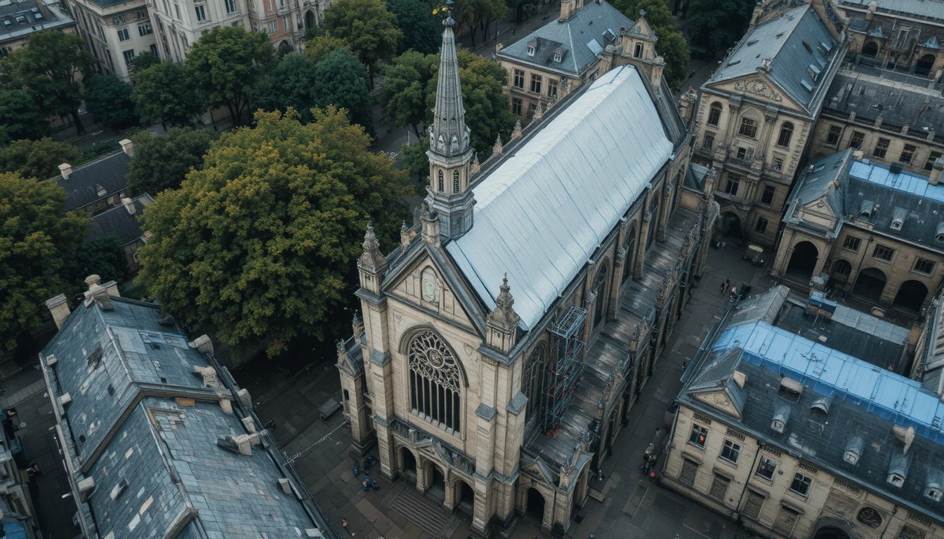 Vista aérea de catedral gótica entre tejados históricos de la ciudad