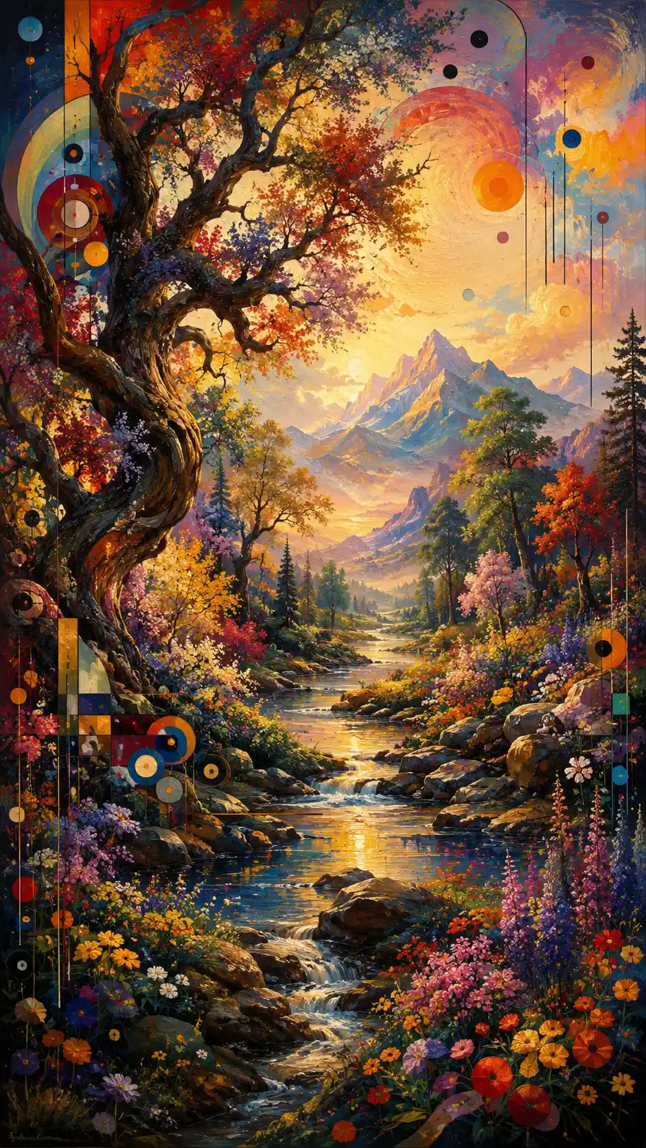 Paesaggio fluviale colorato con fiori e alberi antichi