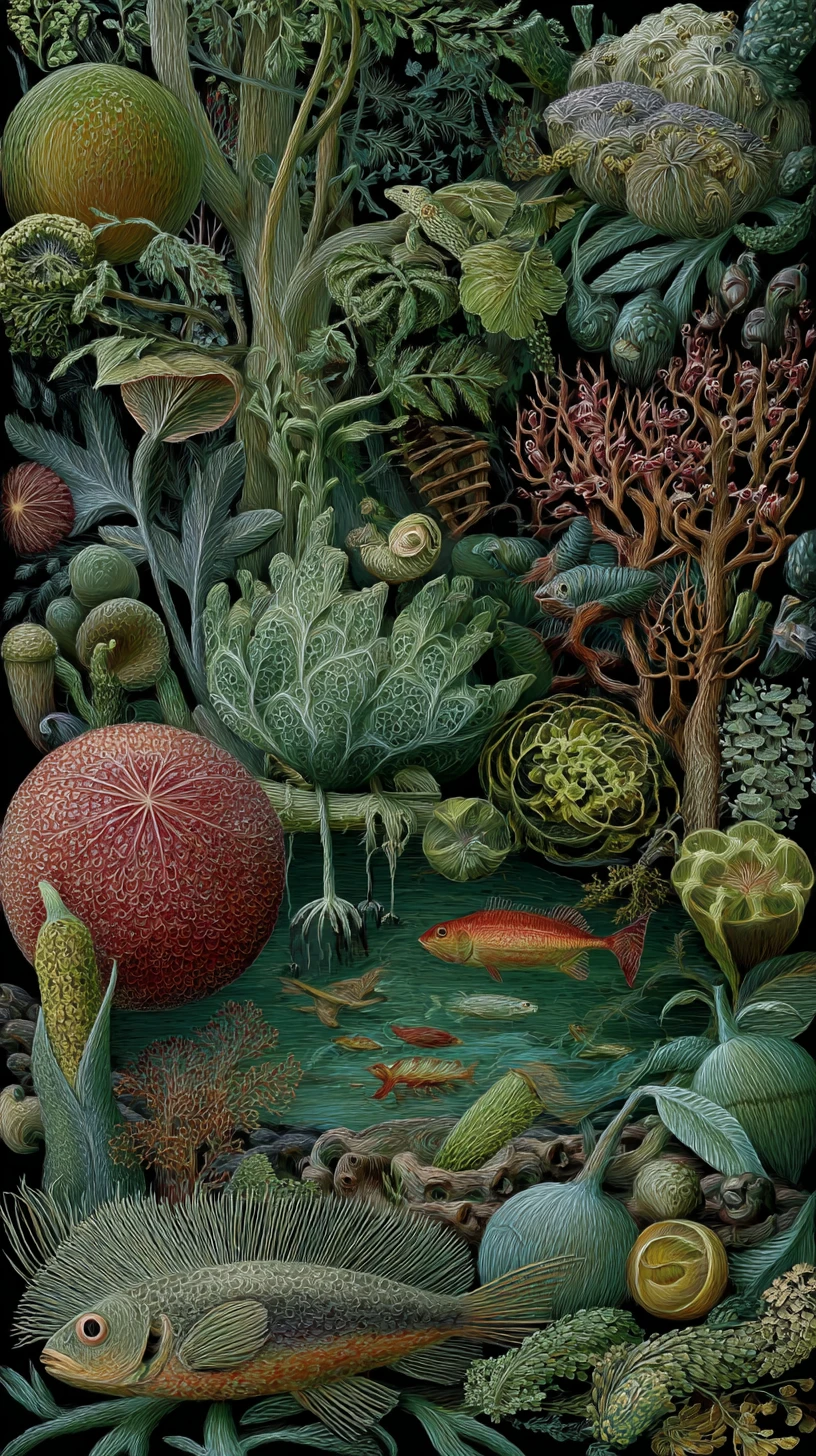 Pintura al óleo surrealista de formas de vida abstractas entrelazadas