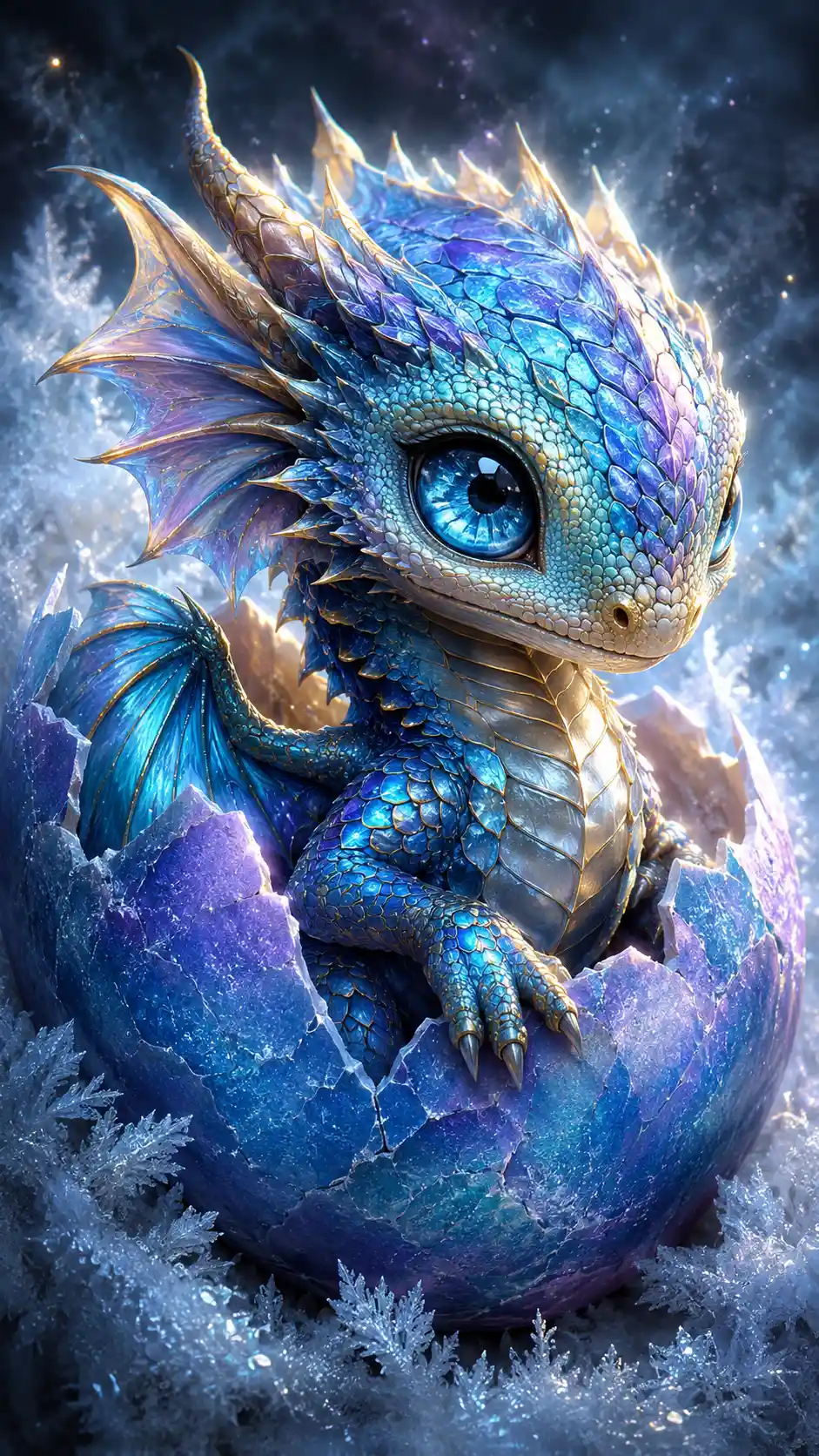 Dragón de agua recién nacido saliendo de un huevo helado y luminoso