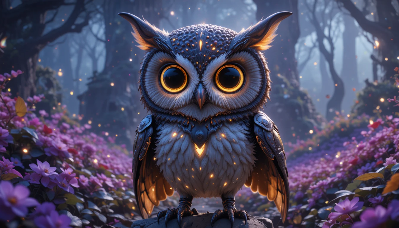Enorme búho guardián místico en un jardín de fantasía resplandeciente