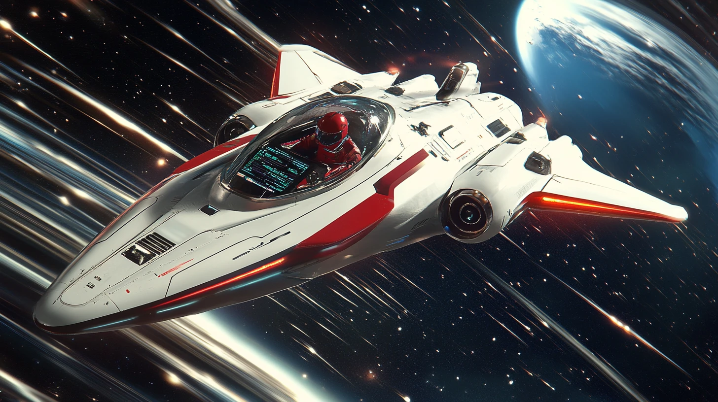 Futuristic white spaceship racing through deep outer space