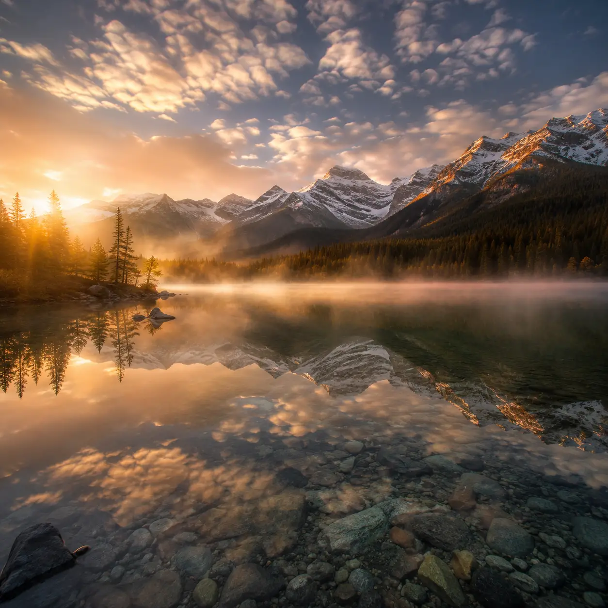 Lago alpino que refleja montañas nevadas al amanecer