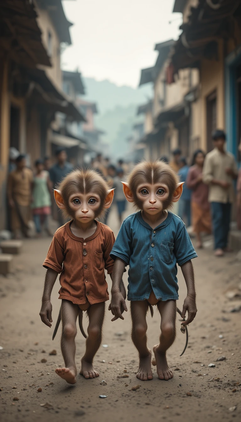 Dos monos jóvenes caminando por una calle india