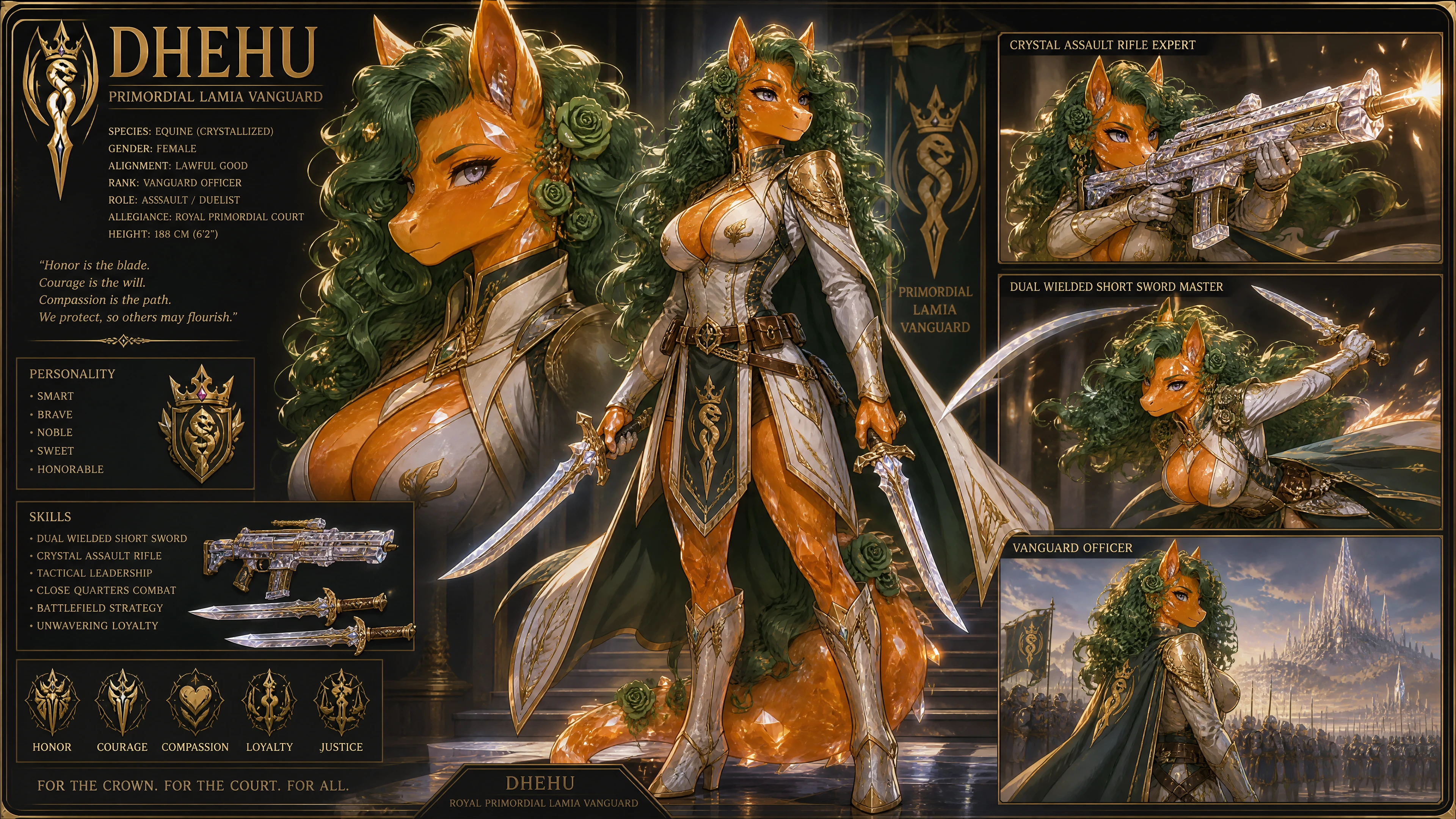 Guerrera de Pelaje de Cristal con Espadas y Rifle