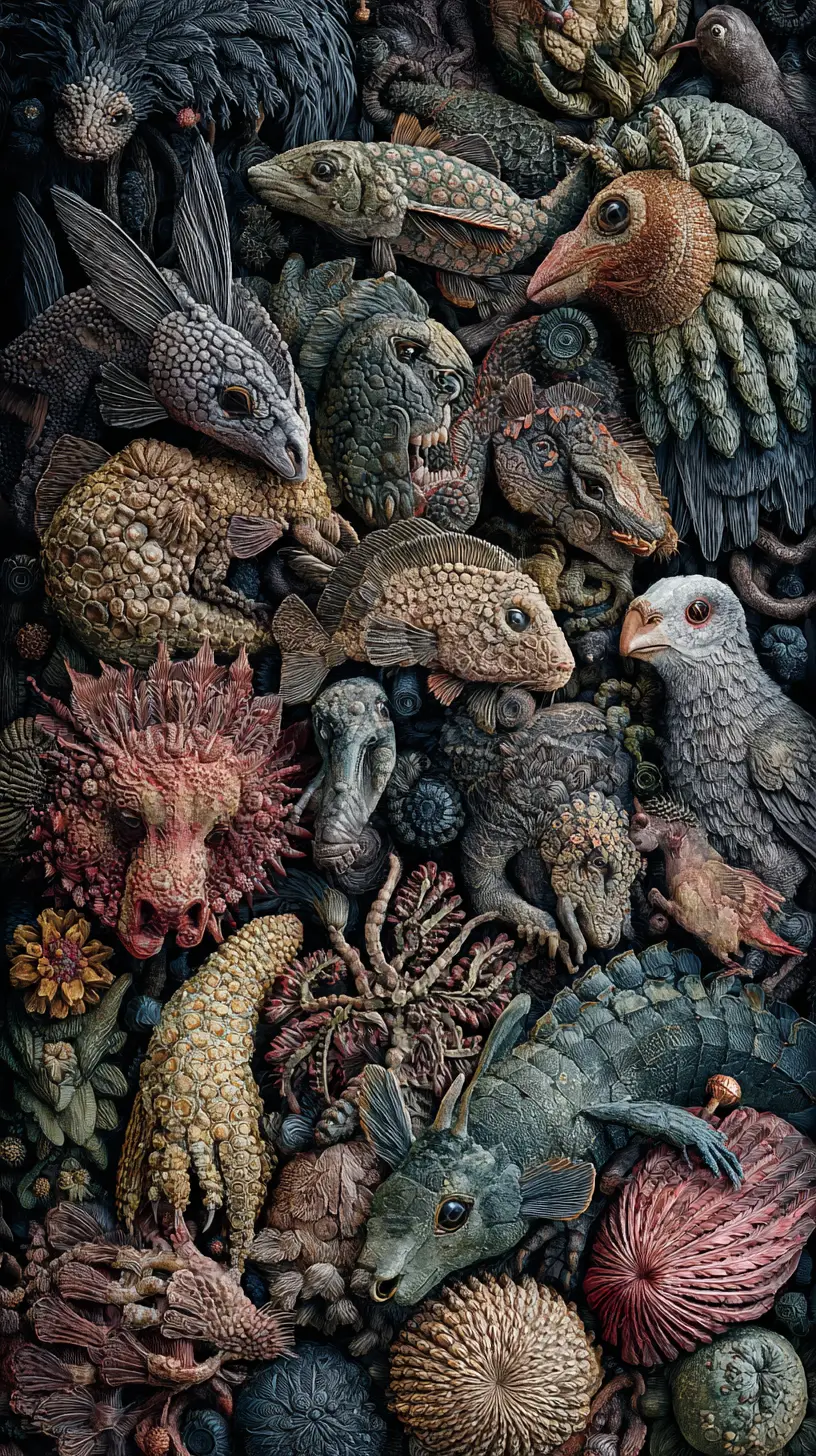Surreal oil painting of abstract intertwined animal and plant life