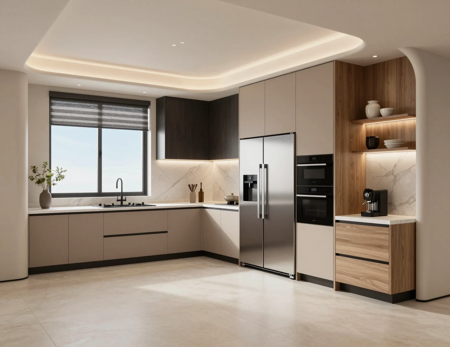 Cocina escandinava moderna en forma de U con diseño minimalista y cálido