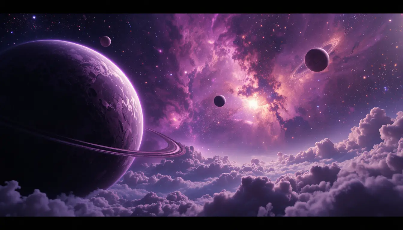 Ringed giant planet before a glowing colorful nebula