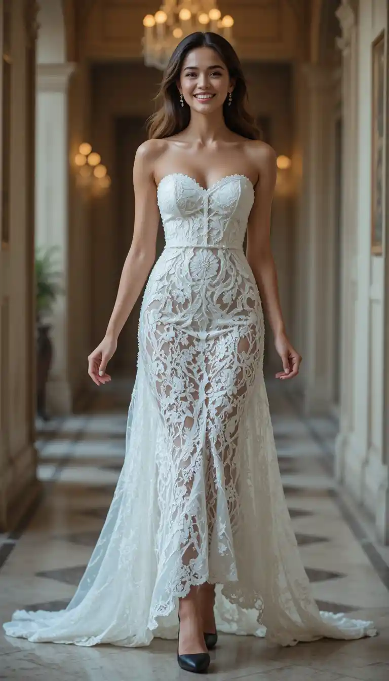 Mujer elegante riendo con vestido blanco de encaje sin tirantes