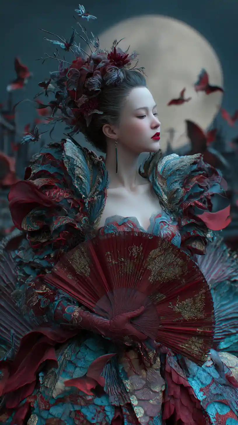 滿月下羽毛禮裙中的吸血鬼貴族女子